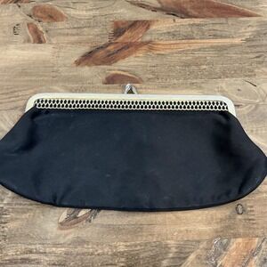 Vintage Black Satin‎ Evening Clutch Gold Lattice Kiss Lock Frame Formal Bag